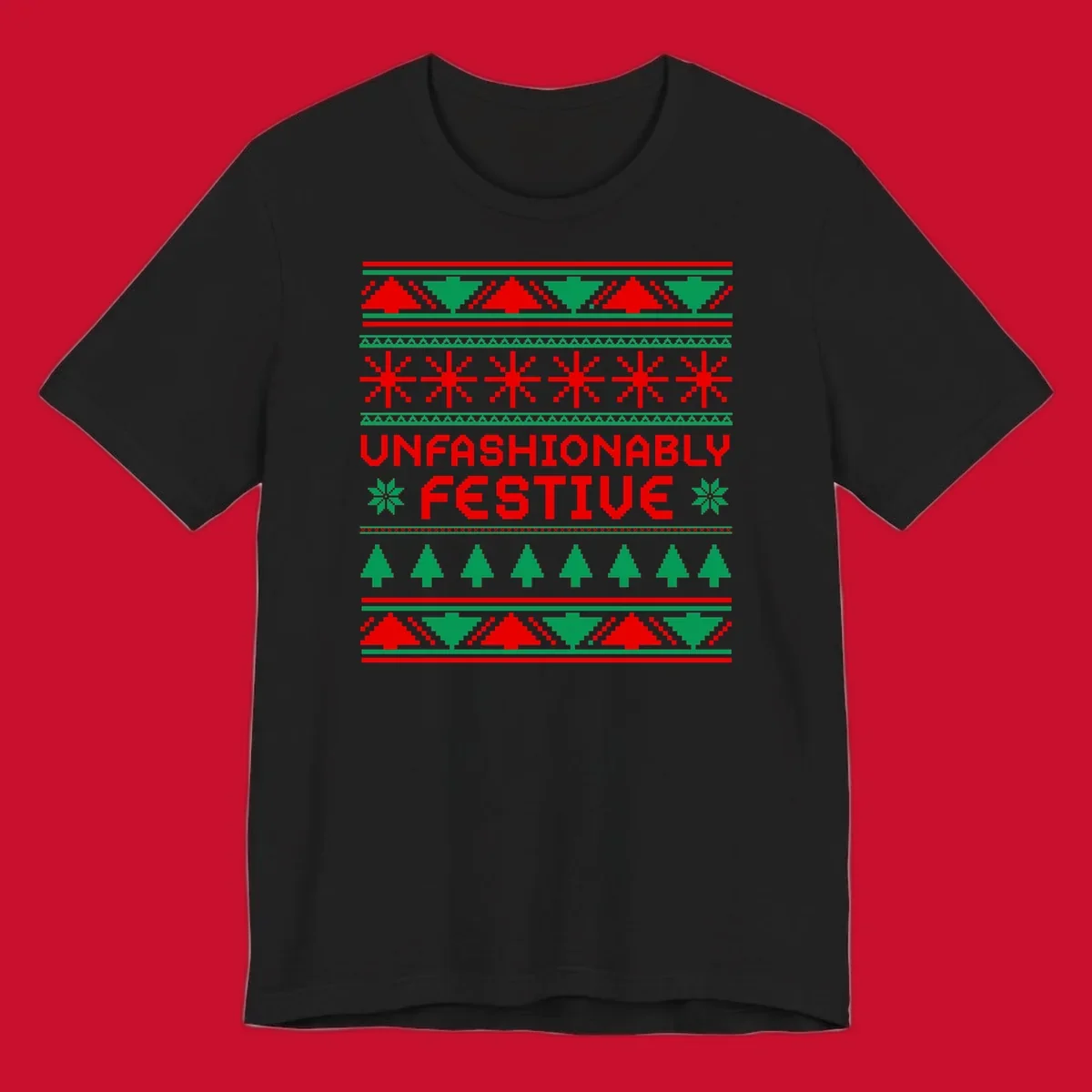 Unfashionably festive christmas ugly sweater design with pixelated trees and snowflakes.
