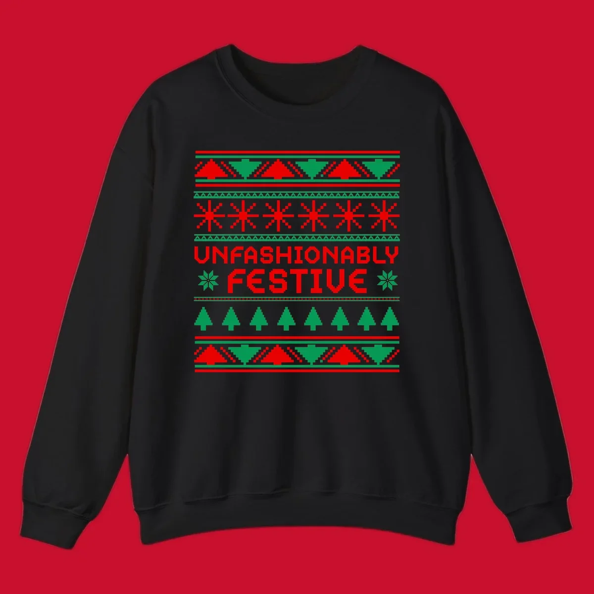 Unfashionably festive christmas ugly sweater design with pixelated trees and snowflakes.