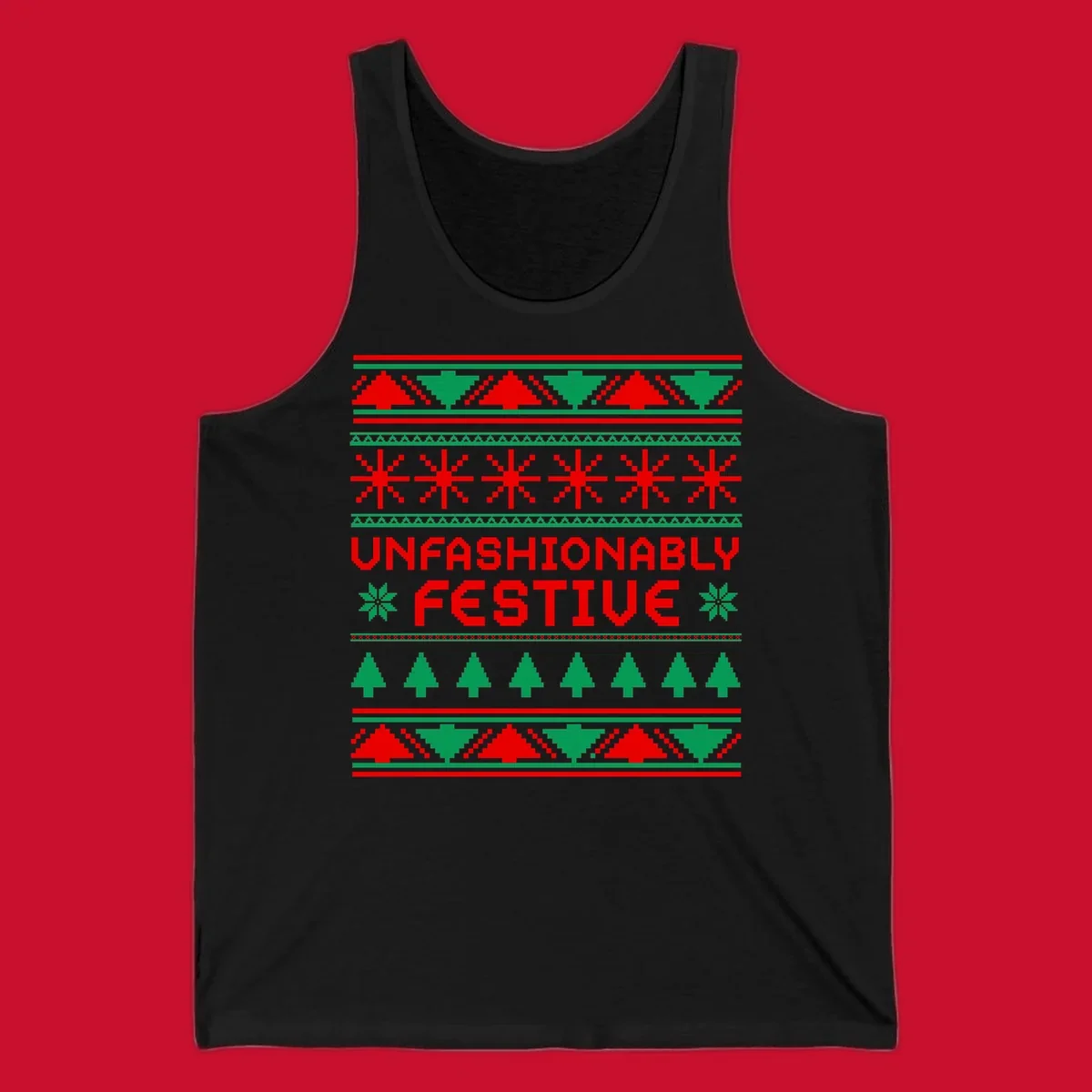 Unfashionably festive christmas ugly sweater design with pixelated trees and snowflakes.