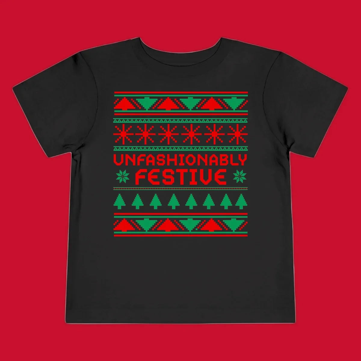Unfashionably festive christmas ugly sweater design with pixelated trees and snowflakes.