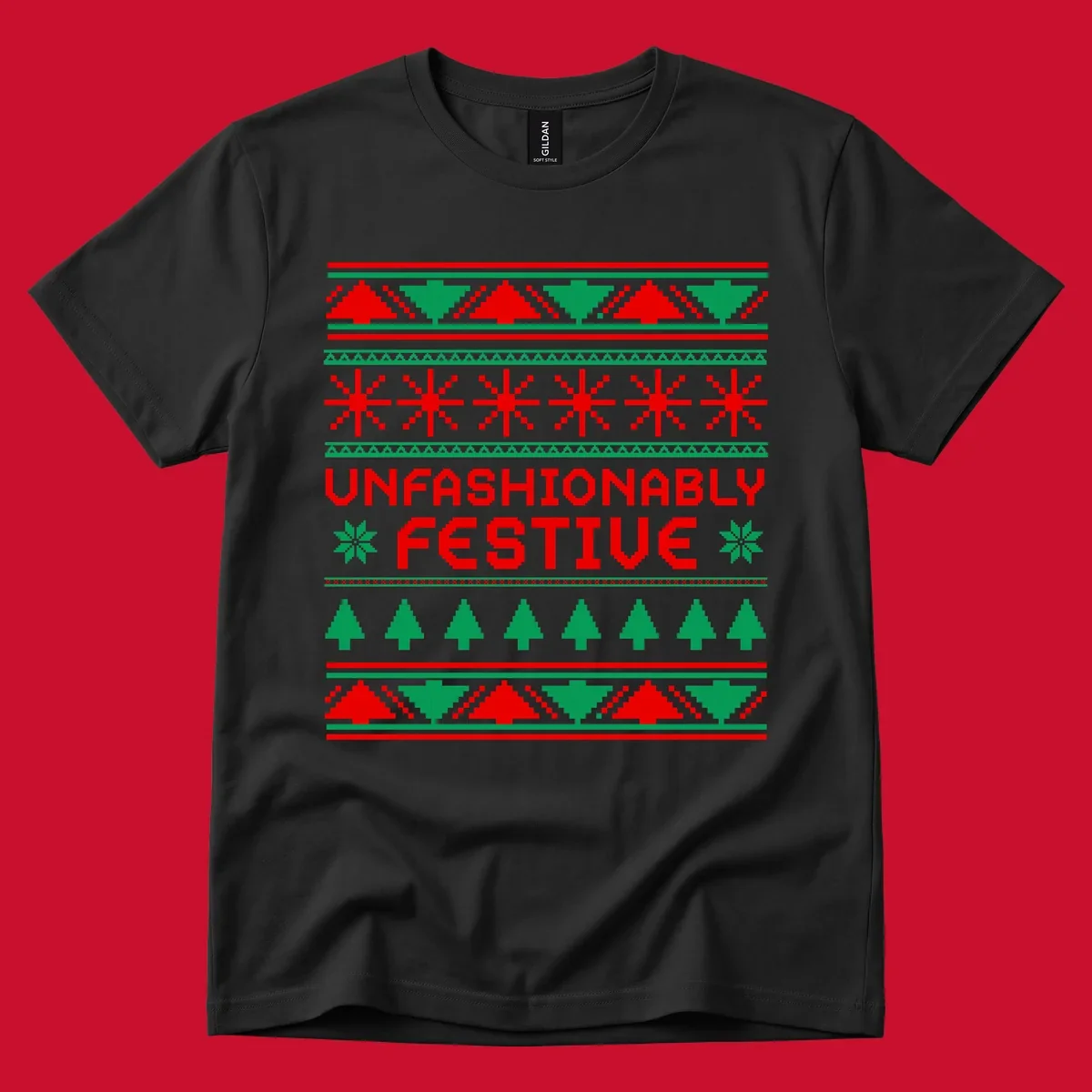 Unfashionably festive christmas ugly sweater design with pixelated trees and snowflakes.