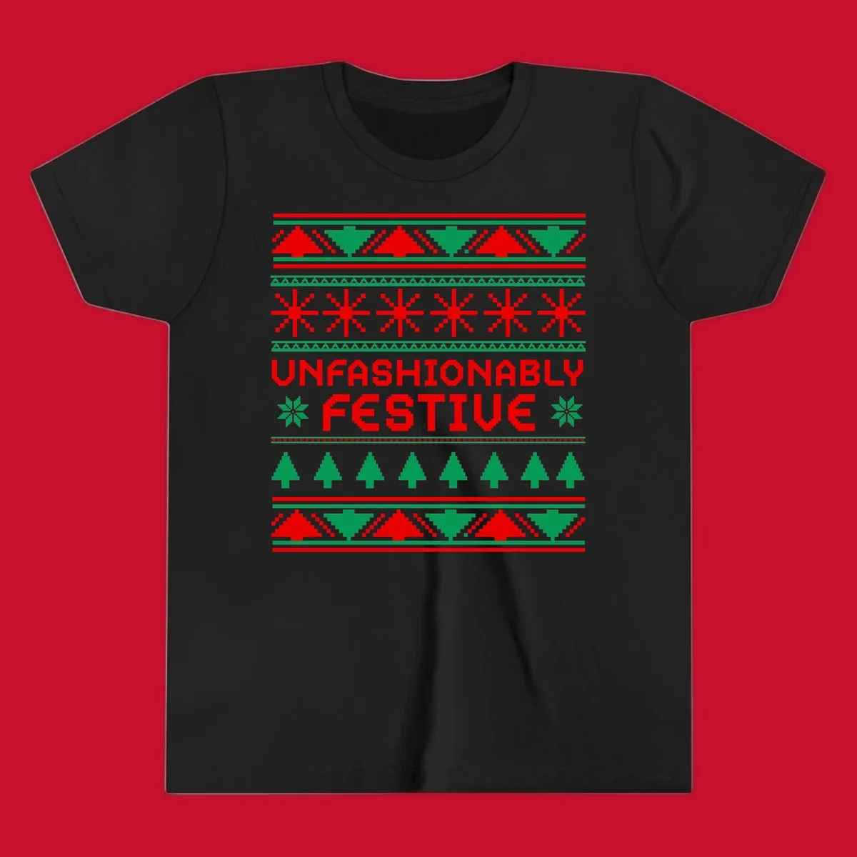 Unfashionably festive christmas ugly sweater design with pixelated trees and snowflakes.