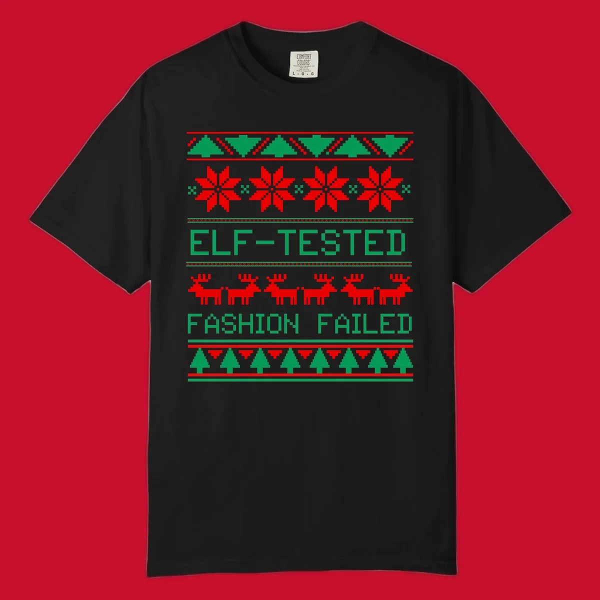 Ugly Christmas sweater design with elf-tested fashion failed text, reindeer, snowflakes, and trees.