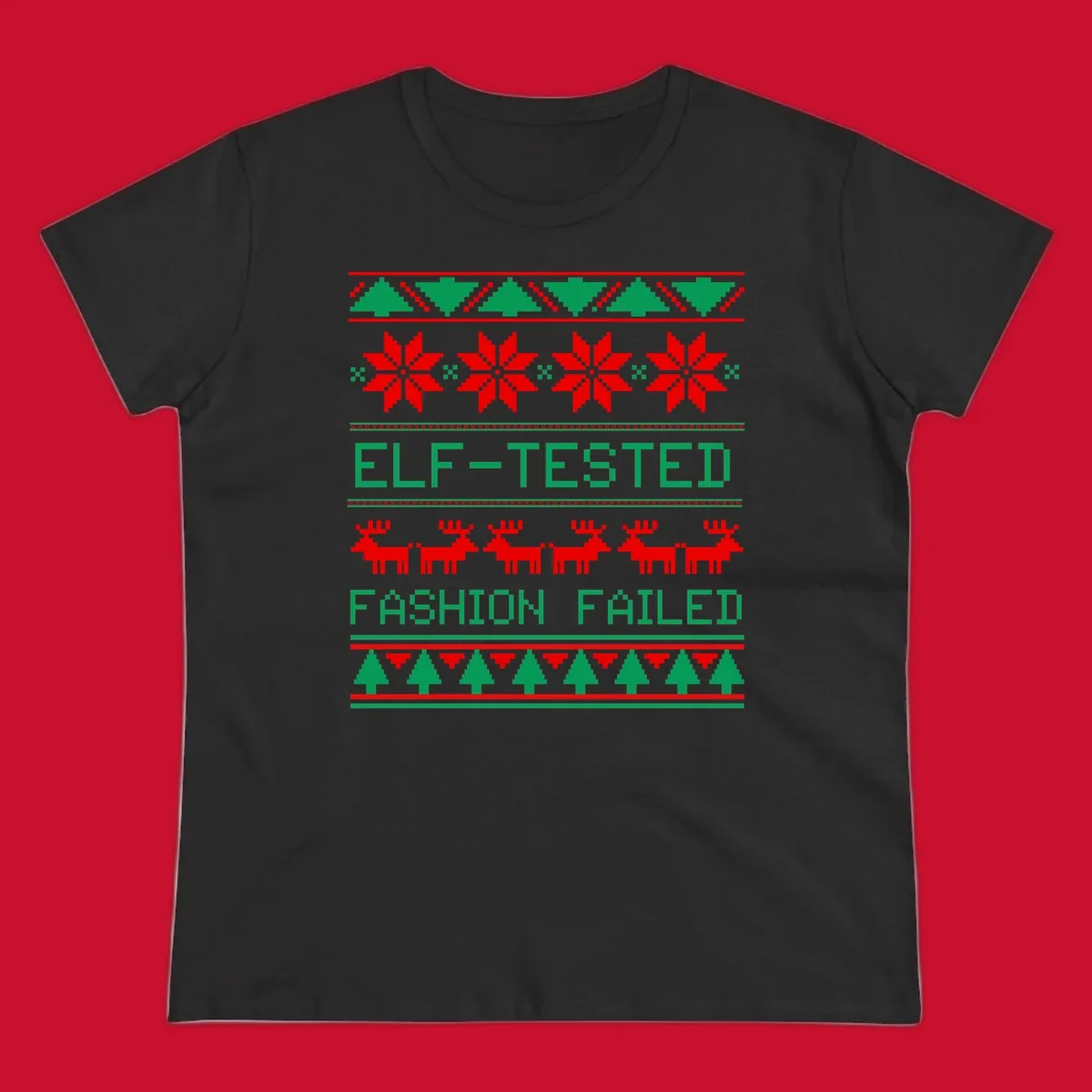 Ugly Christmas sweater design with elf-tested fashion failed text, reindeer, snowflakes, and trees.