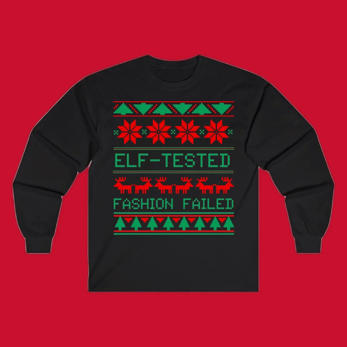 Ugly Christmas sweater design with elf-tested fashion failed text, reindeer, snowflakes, and trees.