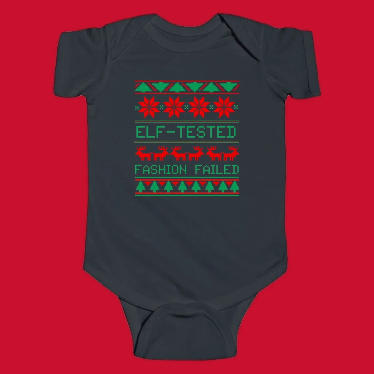 Ugly Christmas sweater design with elf-tested fashion failed text, reindeer, snowflakes, and trees.