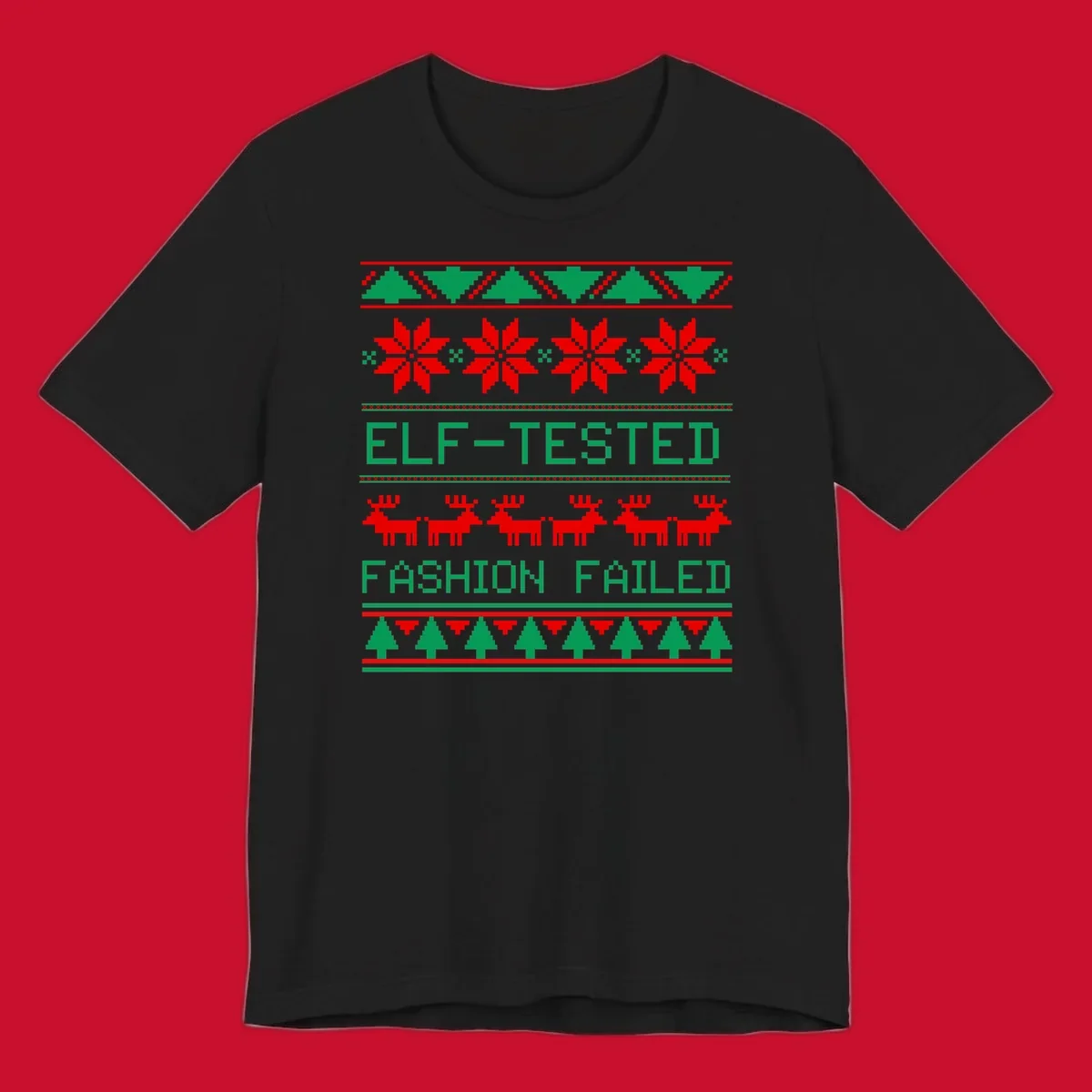 Ugly Christmas sweater design with elf-tested fashion failed text, reindeer, snowflakes, and trees.