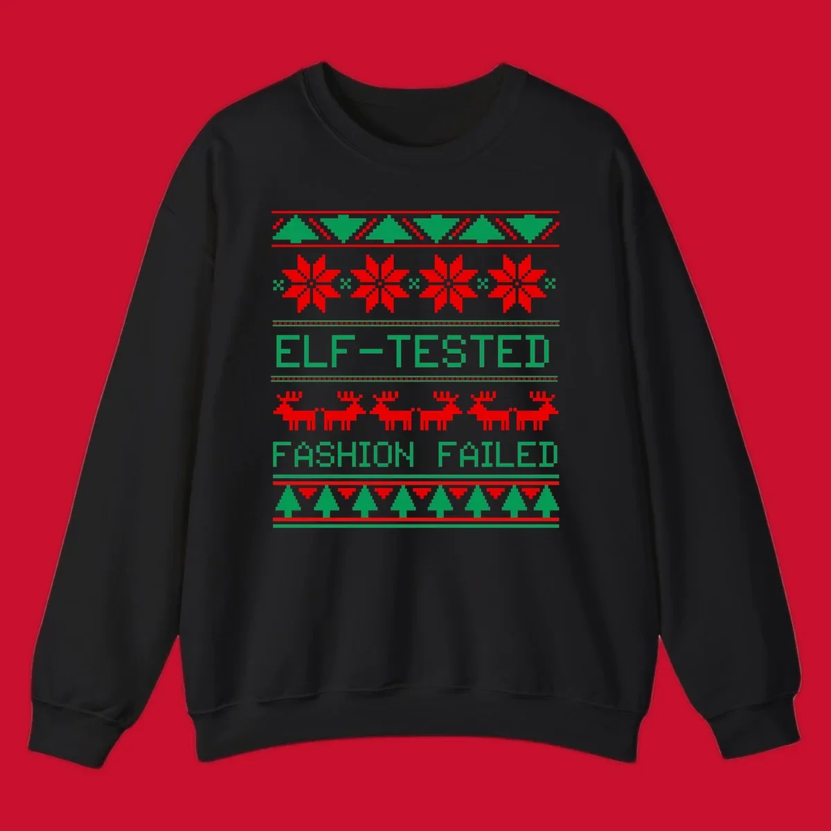 Ugly Christmas sweater design with elf-tested fashion failed text, reindeer, snowflakes, and trees.