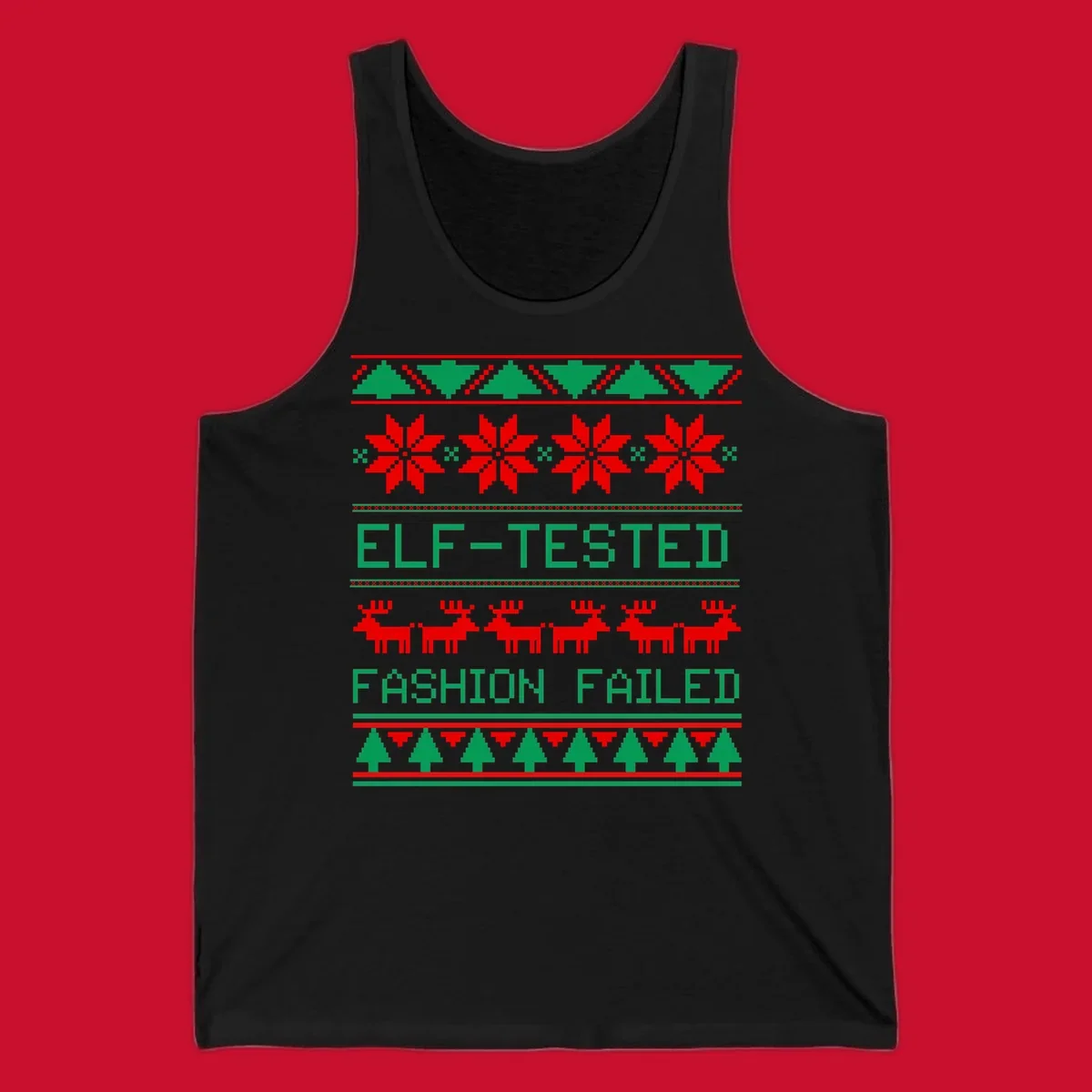 Ugly Christmas sweater design with elf-tested fashion failed text, reindeer, snowflakes, and trees.