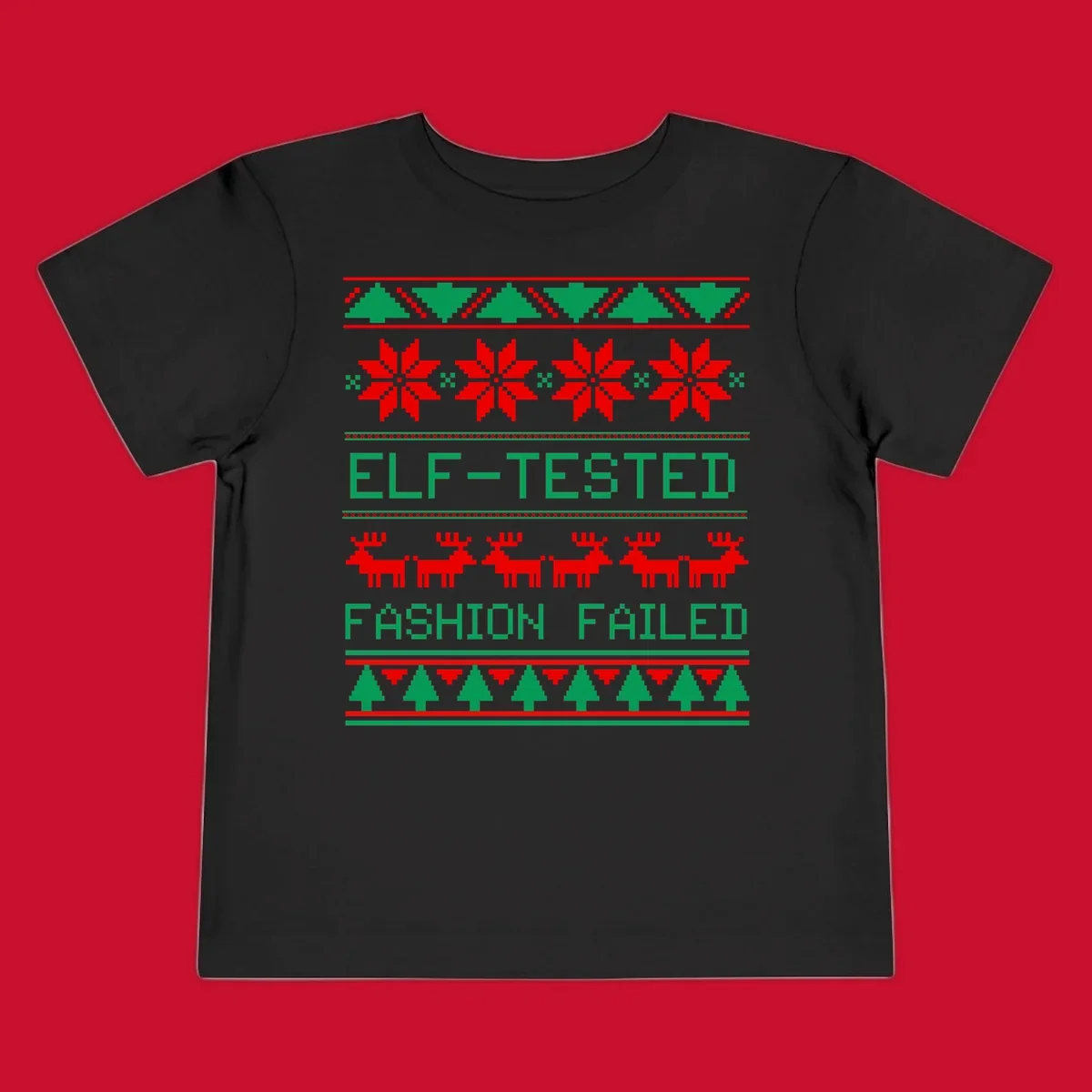 Ugly Christmas sweater design with elf-tested fashion failed text, reindeer, snowflakes, and trees.