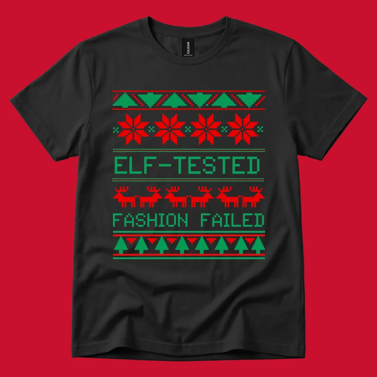 Ugly Christmas sweater design with elf-tested fashion failed text, reindeer, snowflakes, and trees.