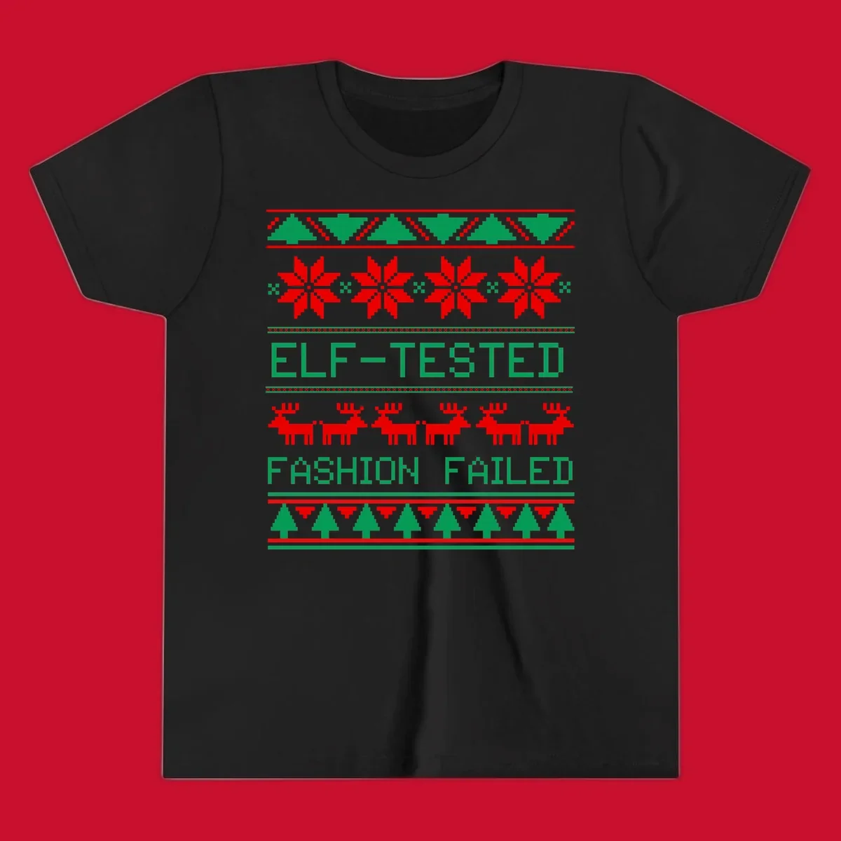 Ugly Christmas sweater design with elf-tested fashion failed text, reindeer, snowflakes, and trees.