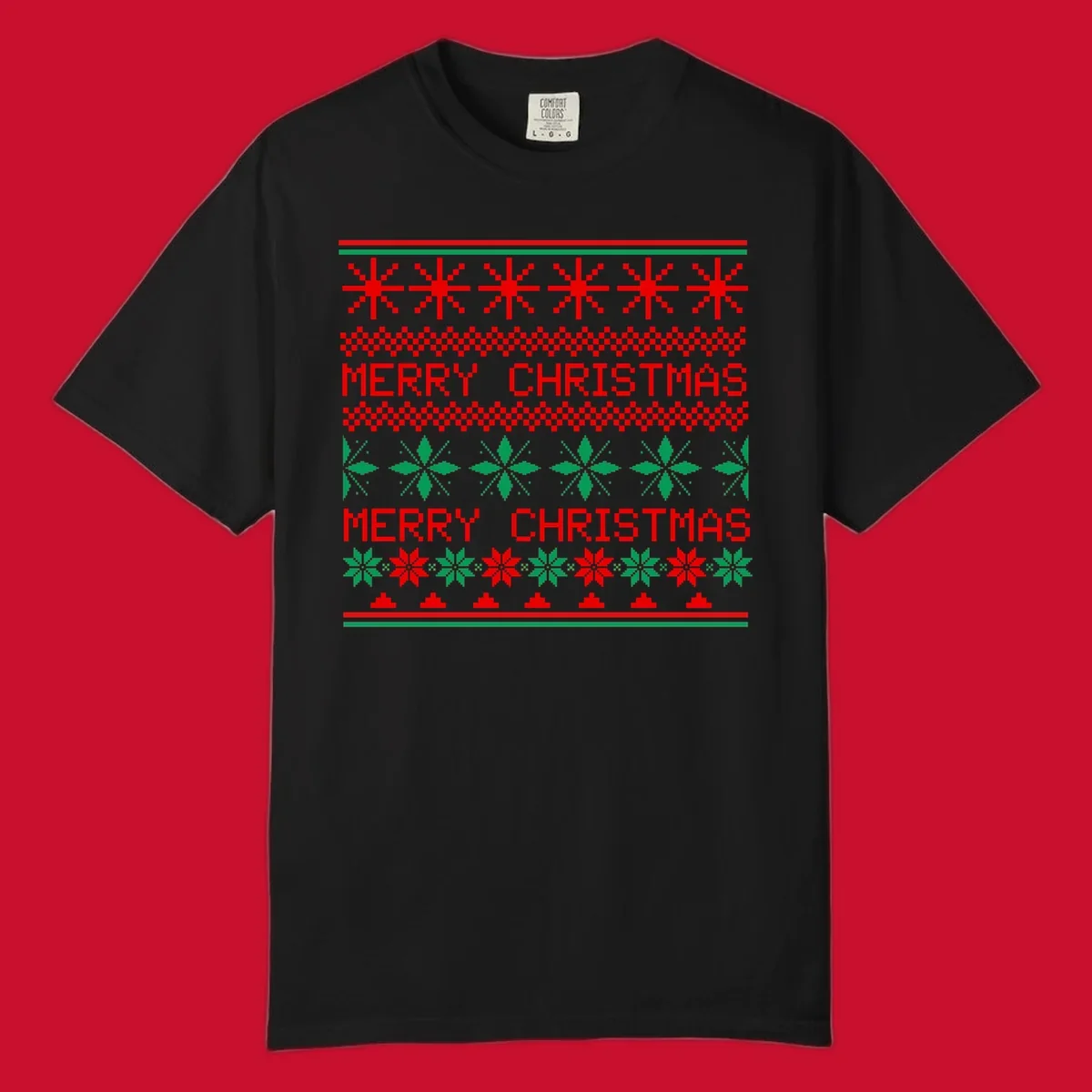 Ugly Christmas sweater pattern with red and green snowflakes and Merry Christmas text.