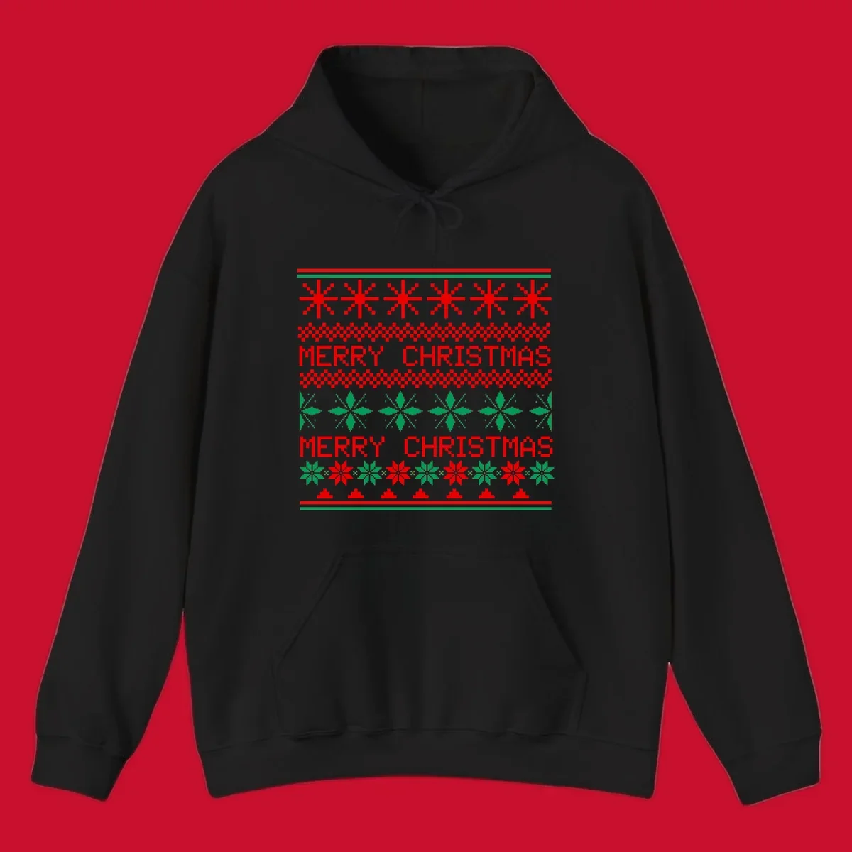 Ugly Christmas sweater pattern with red and green snowflakes and Merry Christmas text.