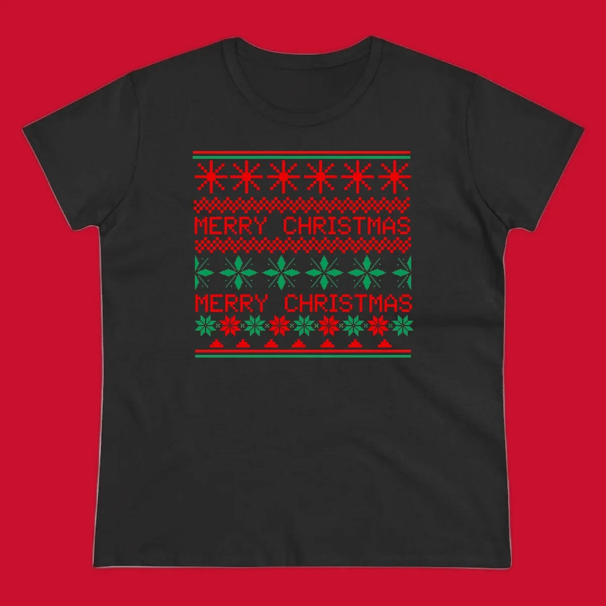 Ugly Christmas sweater pattern with red and green snowflakes and Merry Christmas text.