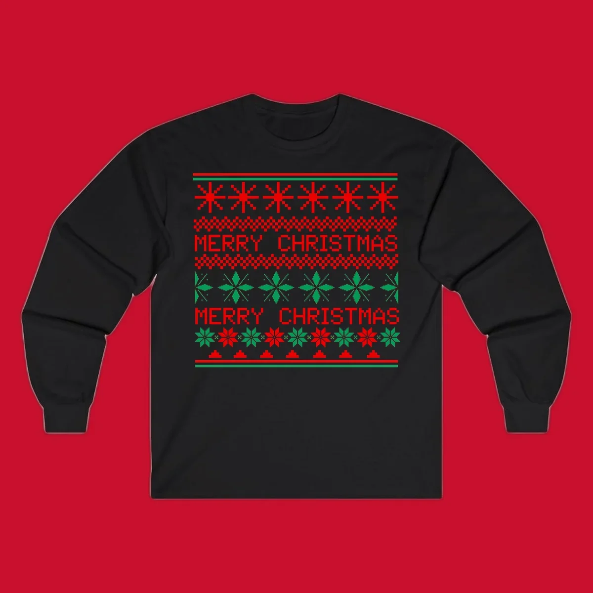 Ugly Christmas sweater pattern with red and green snowflakes and Merry Christmas text.