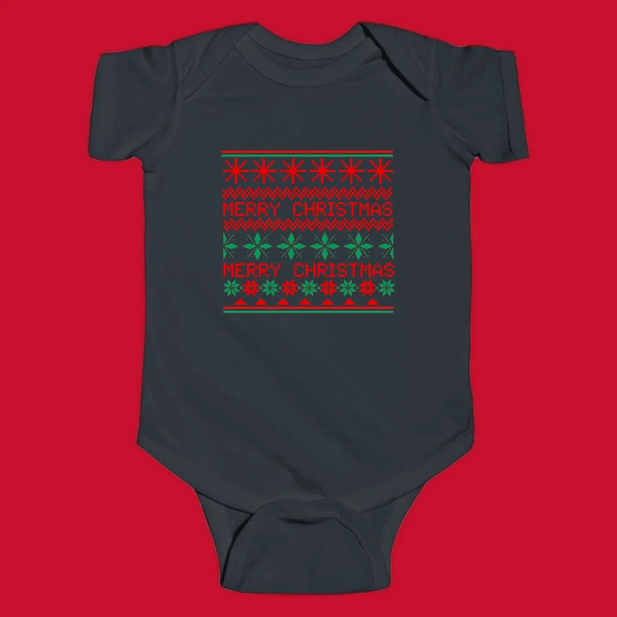 Ugly Christmas sweater pattern with red and green snowflakes and Merry Christmas text.