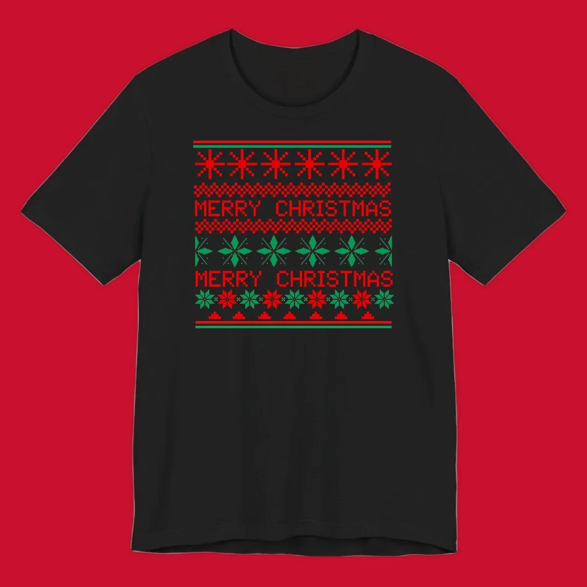Ugly Christmas sweater pattern with red and green snowflakes and Merry Christmas text.