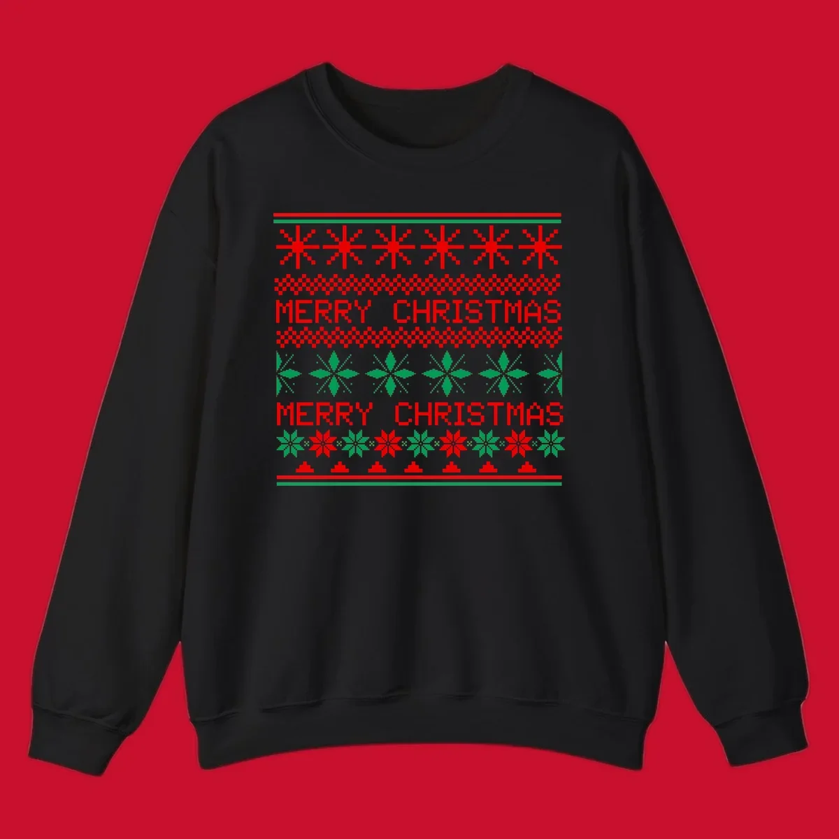 Ugly Christmas sweater pattern with red and green snowflakes and Merry Christmas text.