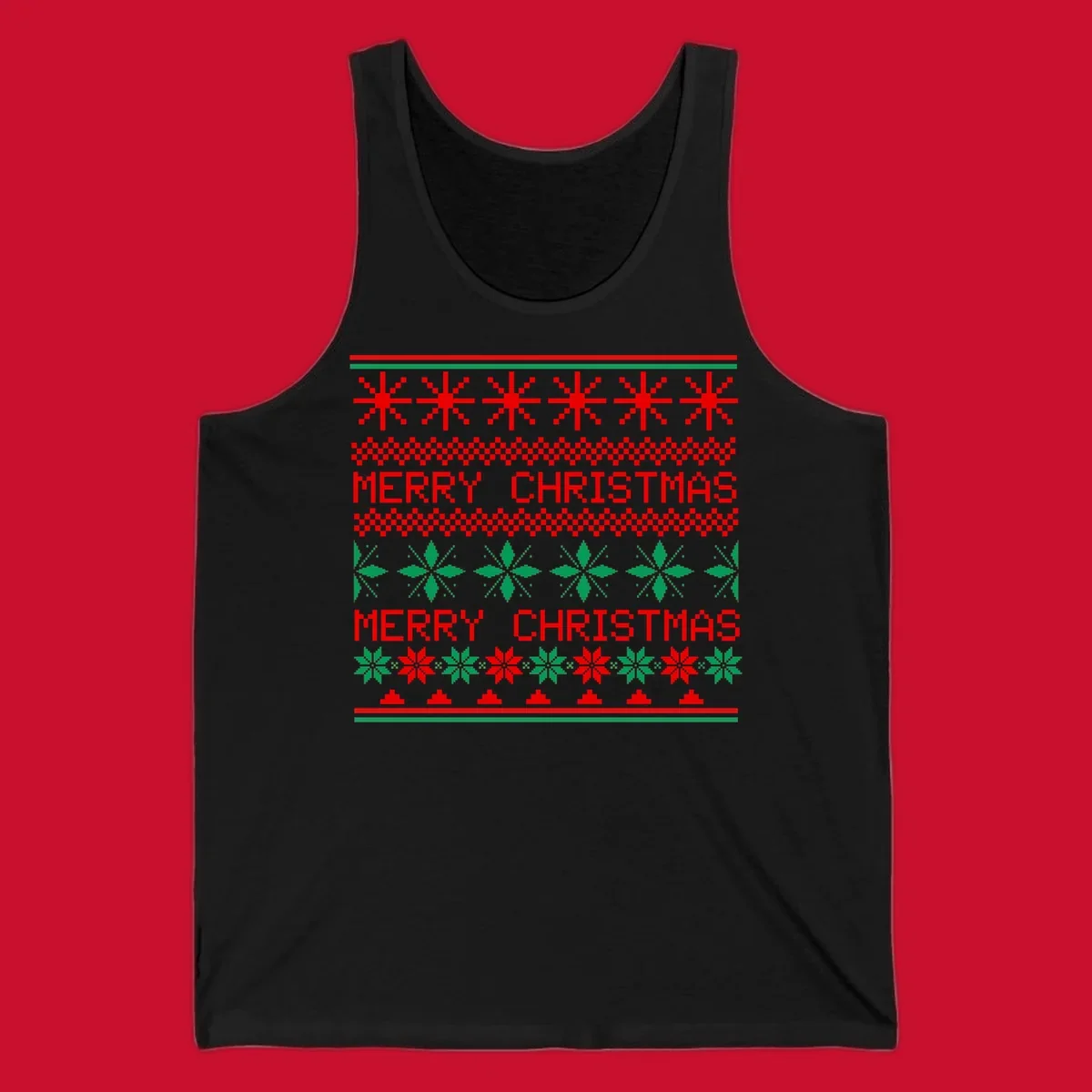 Ugly Christmas sweater pattern with red and green snowflakes and Merry Christmas text.