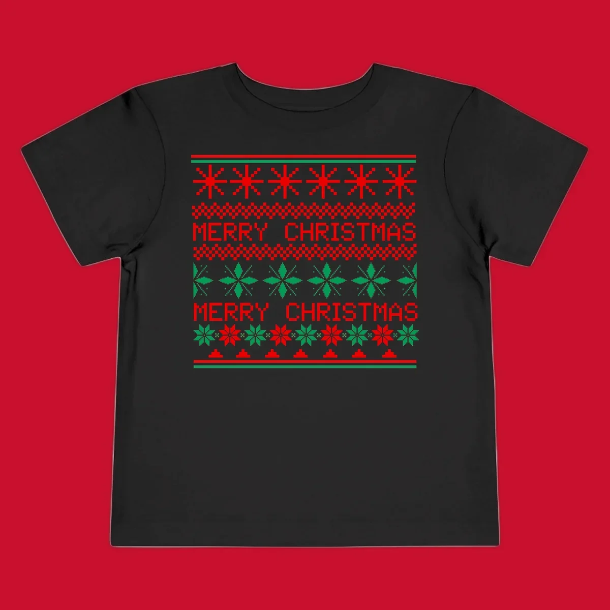 Ugly Christmas sweater pattern with red and green snowflakes and Merry Christmas text.