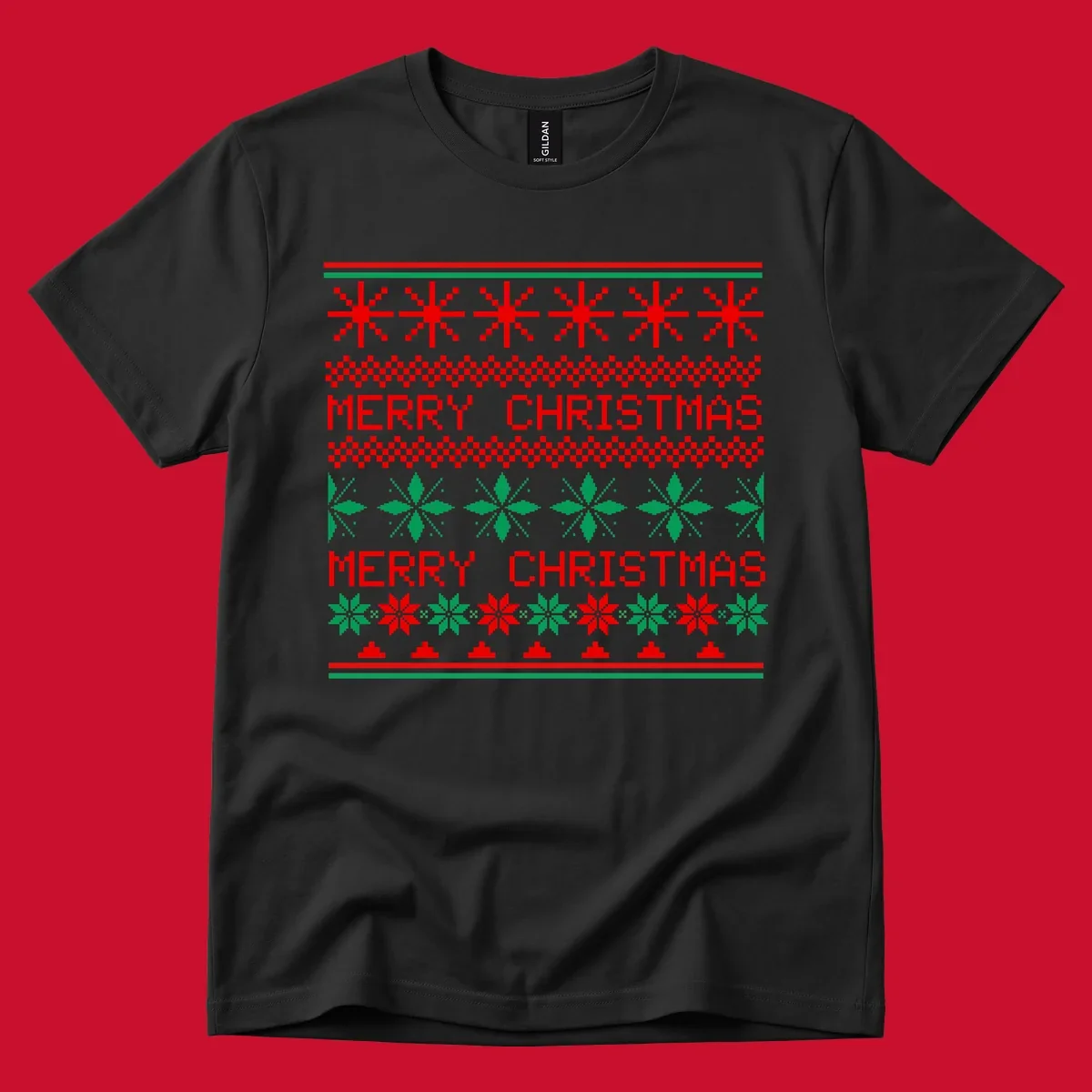 Ugly Christmas sweater pattern with red and green snowflakes and Merry Christmas text.