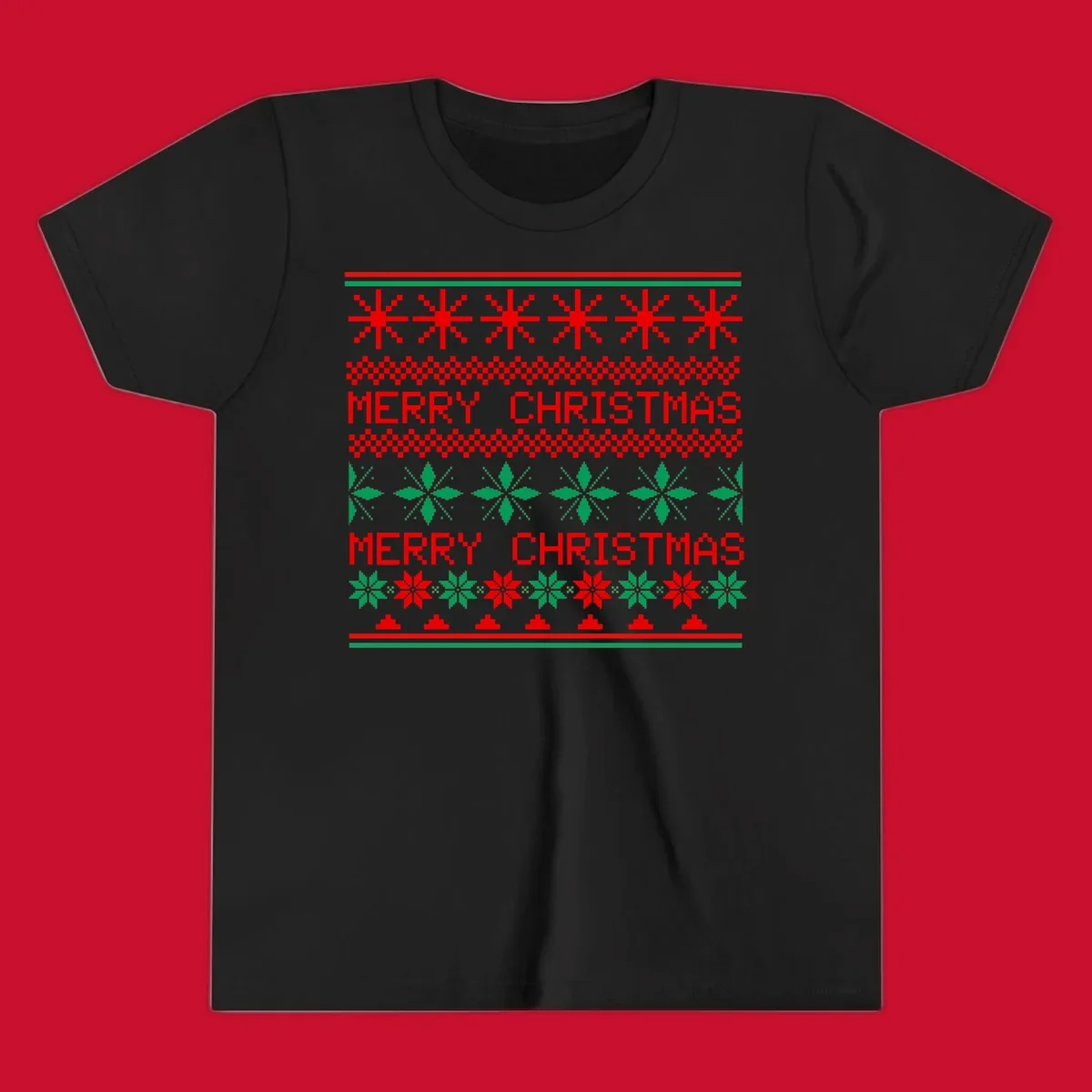 Ugly Christmas sweater pattern with red and green snowflakes and Merry Christmas text.