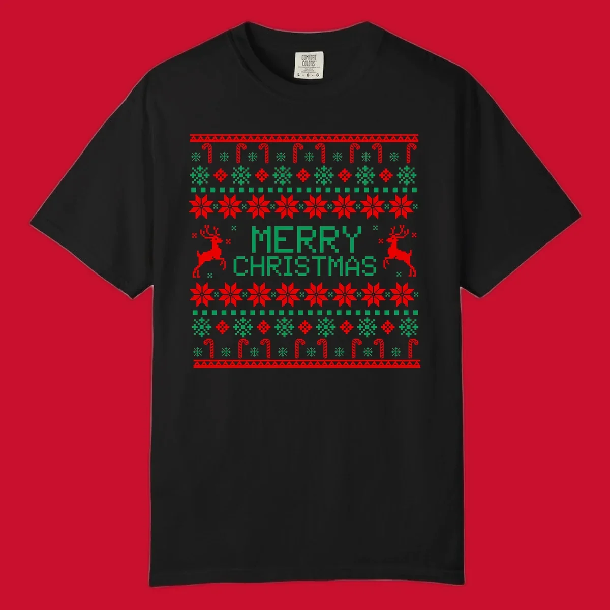 Ugly Christmas sweater style pattern with MERRY CHRISTMAS text, reindeer, snowflakes, and candy canes.