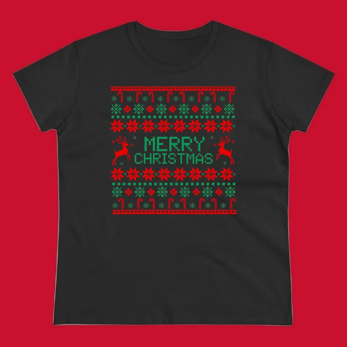 Ugly Christmas sweater style pattern with MERRY CHRISTMAS text, reindeer, snowflakes, and candy canes.