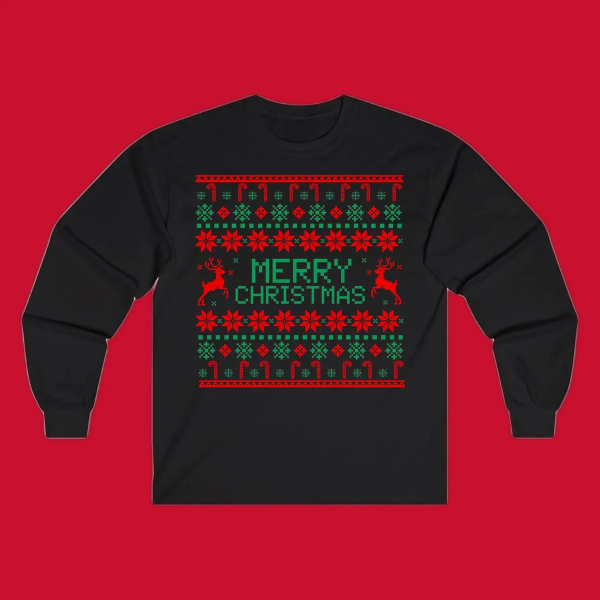 Ugly Christmas sweater style pattern with MERRY CHRISTMAS text, reindeer, snowflakes, and candy canes.