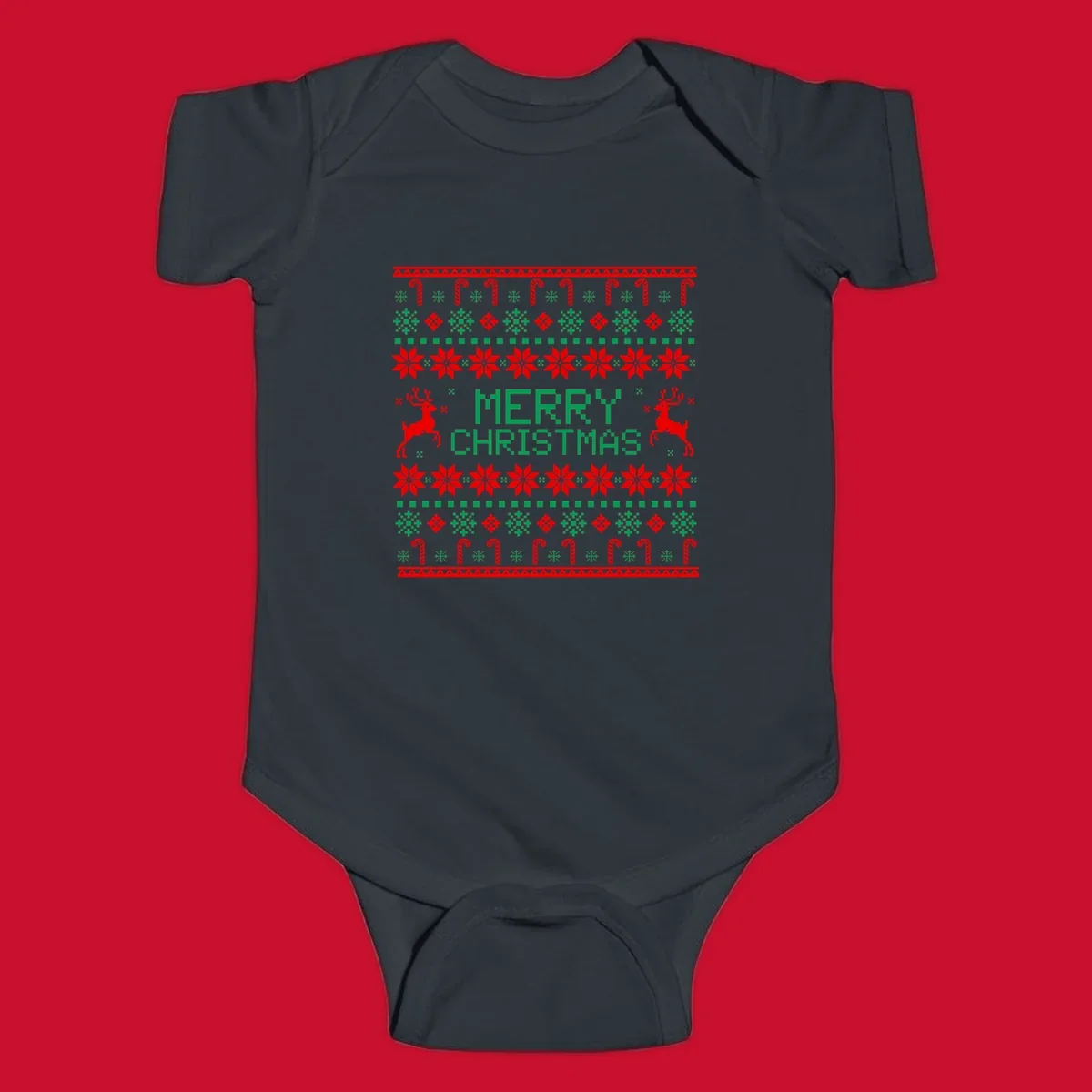 Ugly Christmas sweater style pattern with MERRY CHRISTMAS text, reindeer, snowflakes, and candy canes.