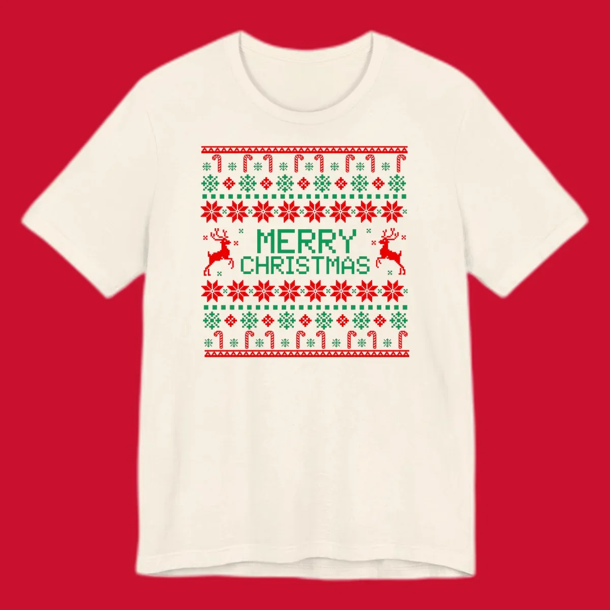 Ugly Christmas sweater style pattern with MERRY CHRISTMAS text, reindeer, snowflakes, and candy canes.