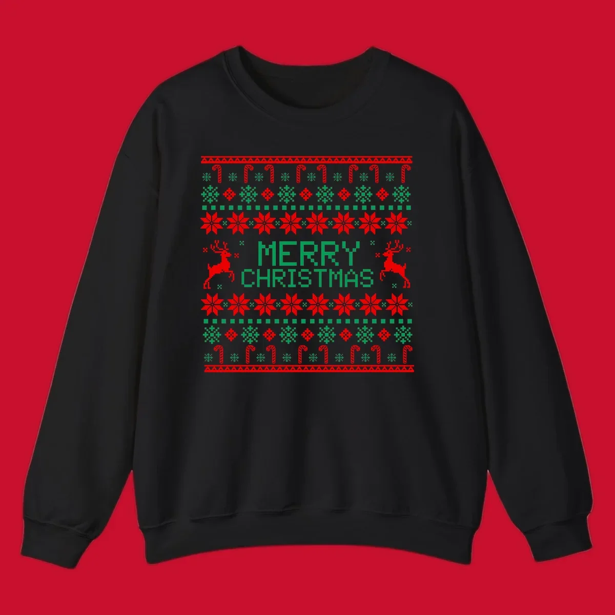 Ugly Christmas sweater style pattern with MERRY CHRISTMAS text, reindeer, snowflakes, and candy canes.