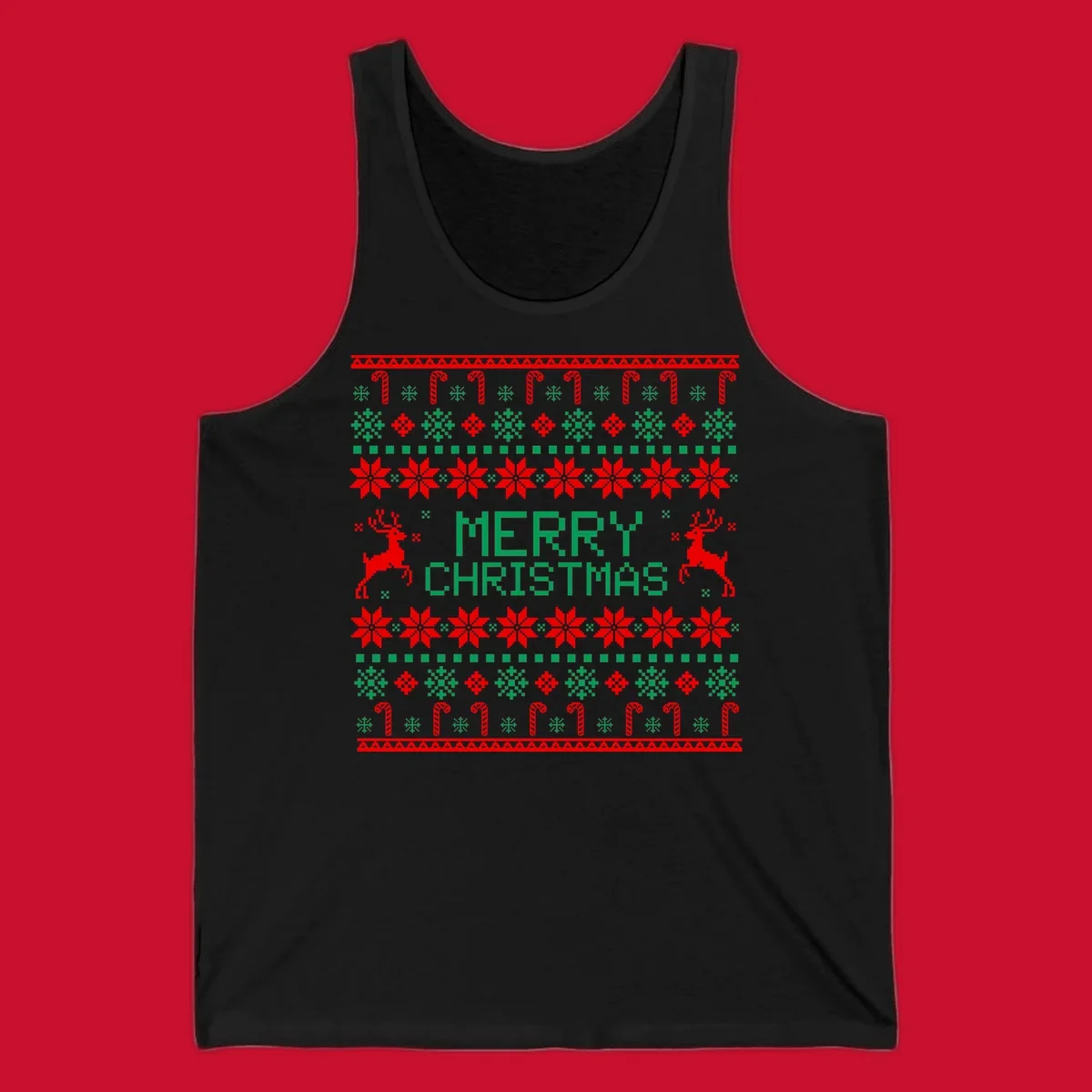 Ugly Christmas sweater style pattern with MERRY CHRISTMAS text, reindeer, snowflakes, and candy canes.
