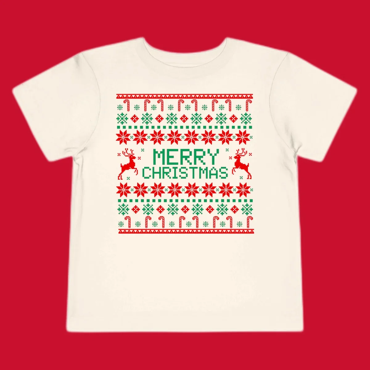 Ugly Christmas sweater style pattern with MERRY CHRISTMAS text, reindeer, snowflakes, and candy canes.