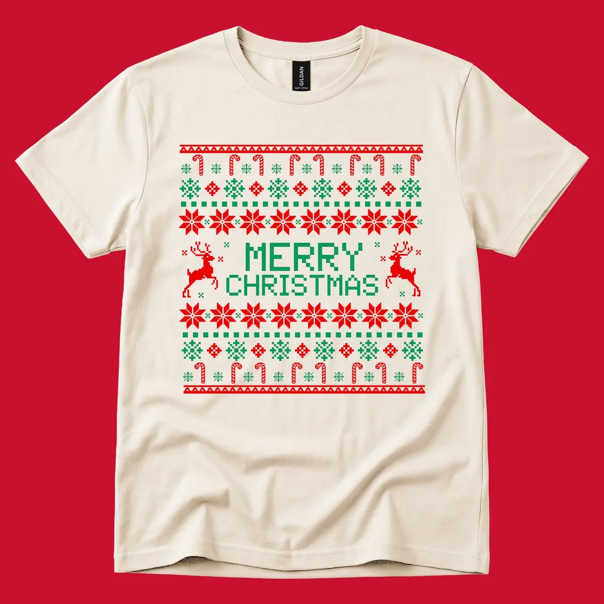 Ugly Christmas sweater style pattern with MERRY CHRISTMAS text, reindeer, snowflakes, and candy canes.