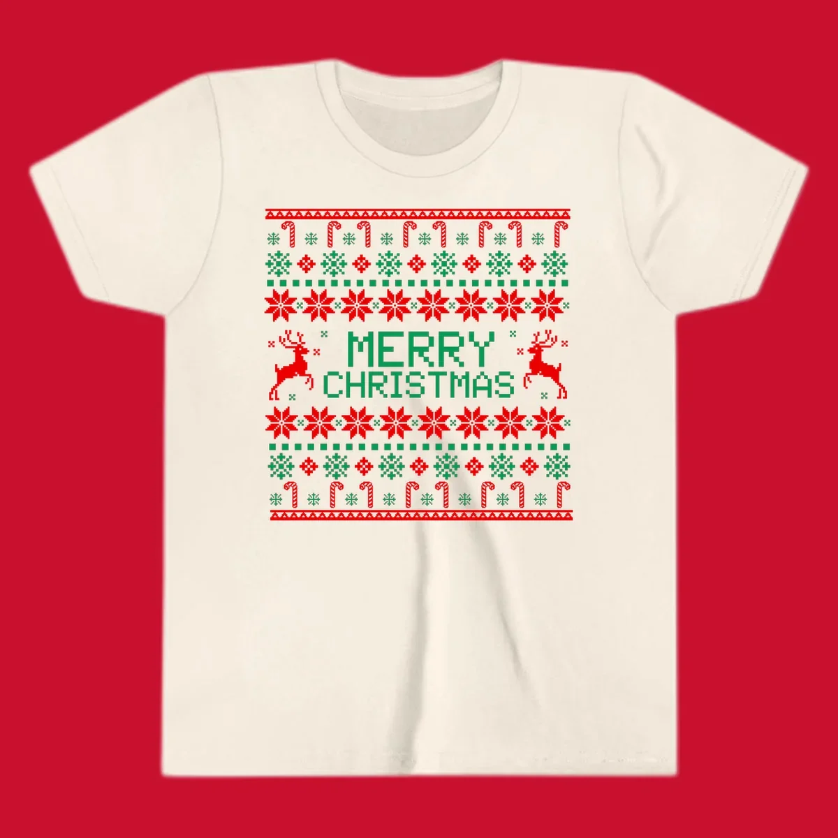 Ugly Christmas sweater style pattern with MERRY CHRISTMAS text, reindeer, snowflakes, and candy canes.