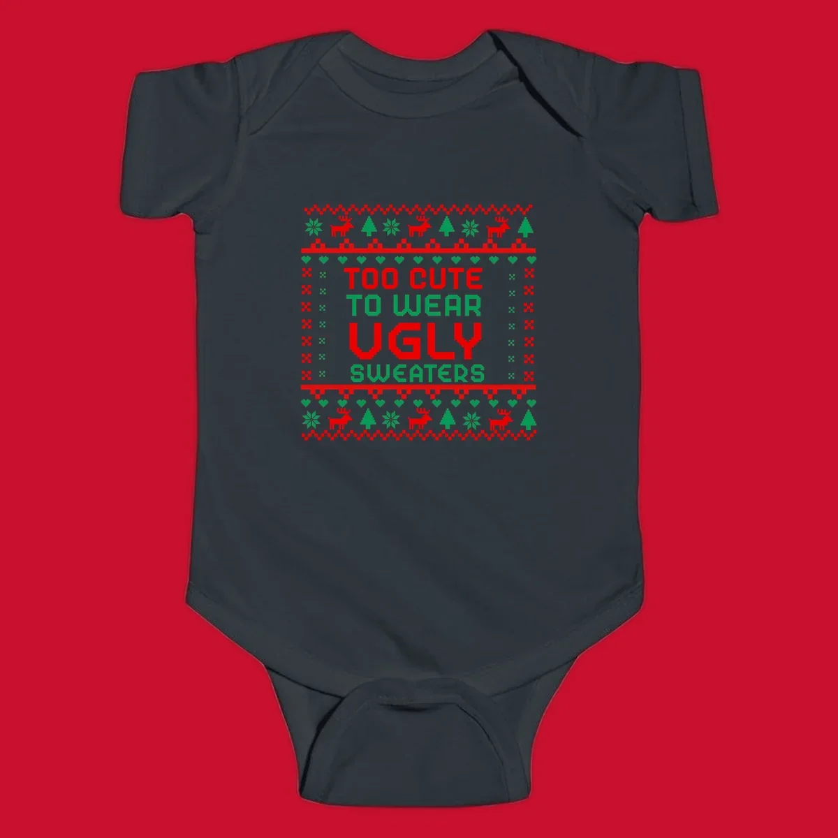 Too Cute To Wear Ugly Sweater design with pixelated text and Christmas elements.