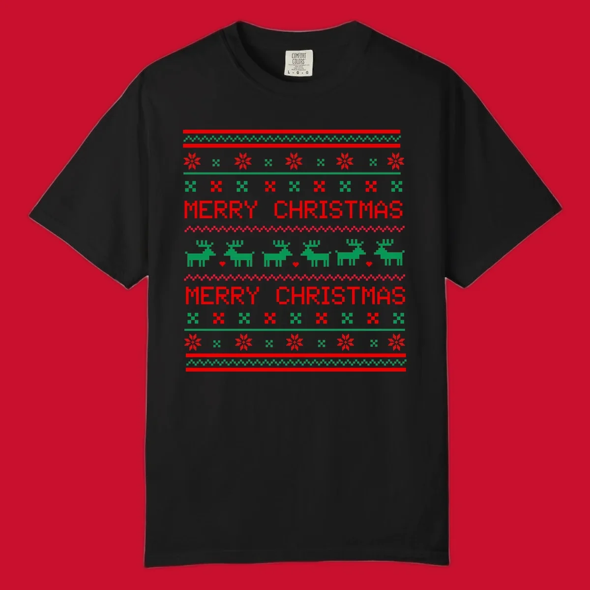 Ugly Christmas reindeer pattern with Merry Christmas text.