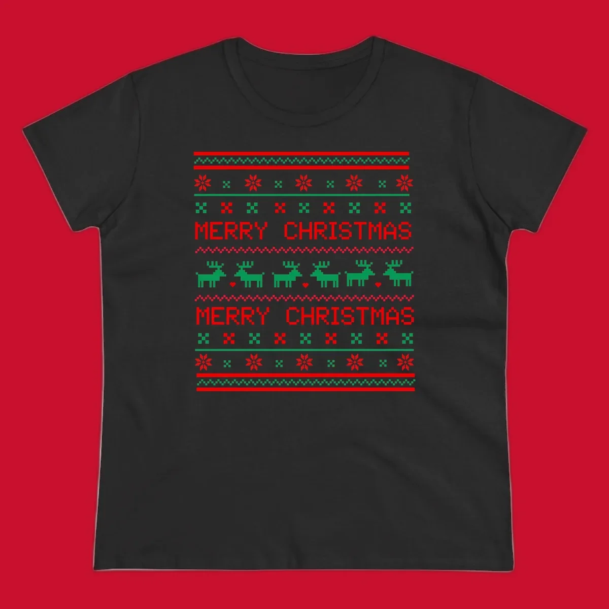 Ugly Christmas reindeer pattern with Merry Christmas text.