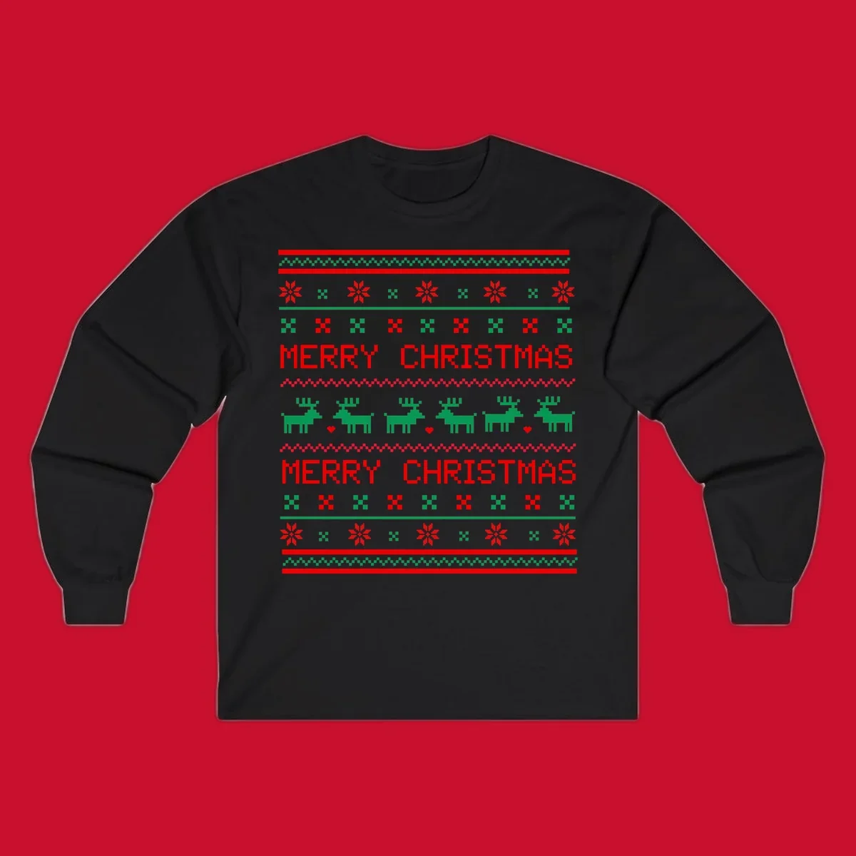 Ugly Christmas reindeer pattern with Merry Christmas text.
