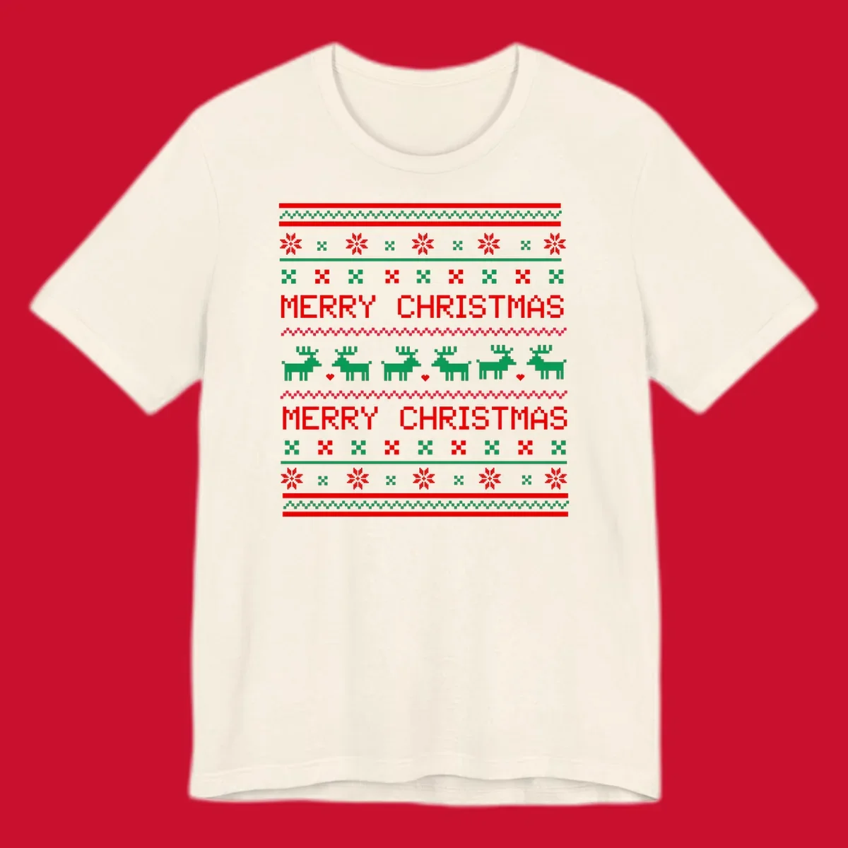 Ugly Christmas reindeer pattern with Merry Christmas text.