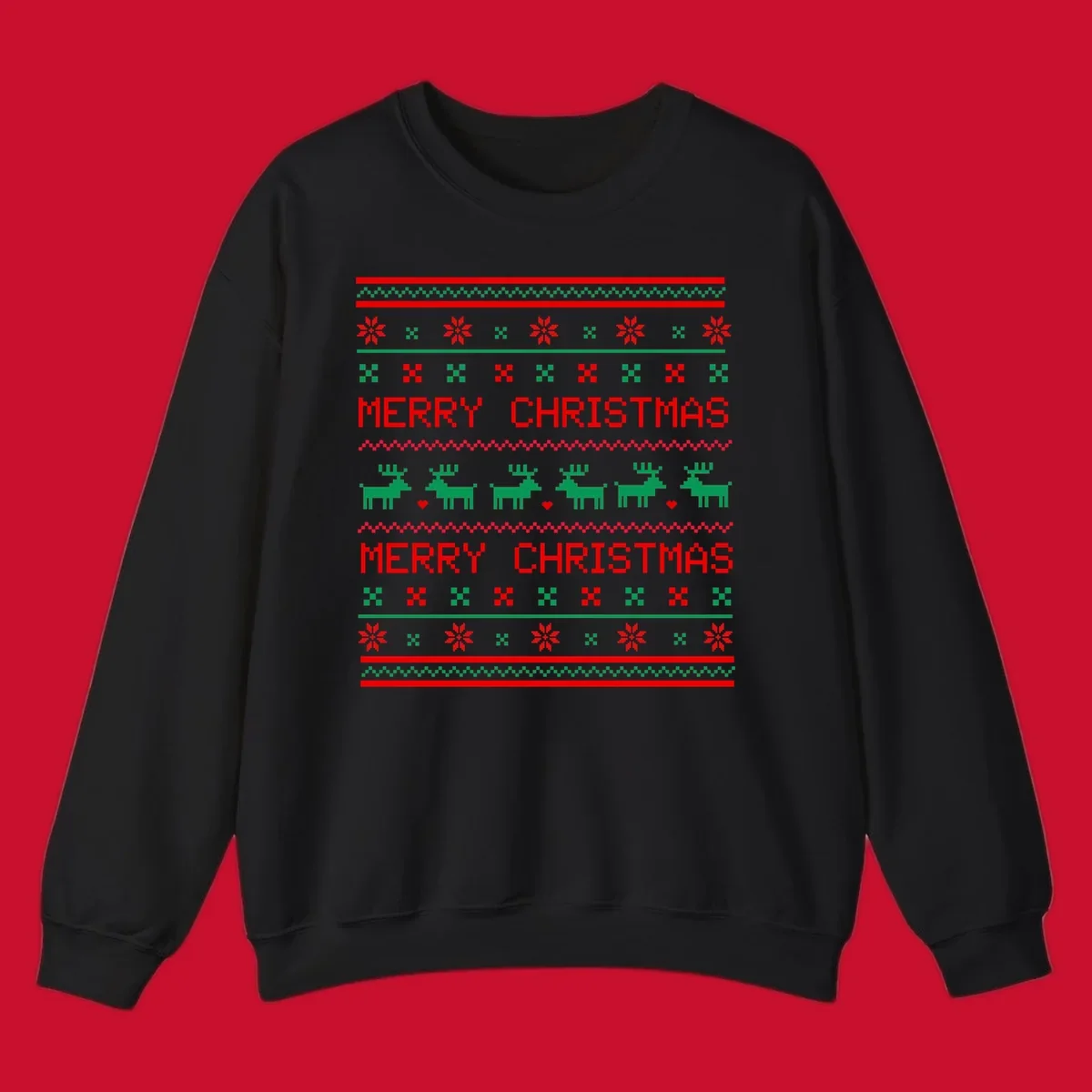 Ugly Christmas reindeer pattern with Merry Christmas text.