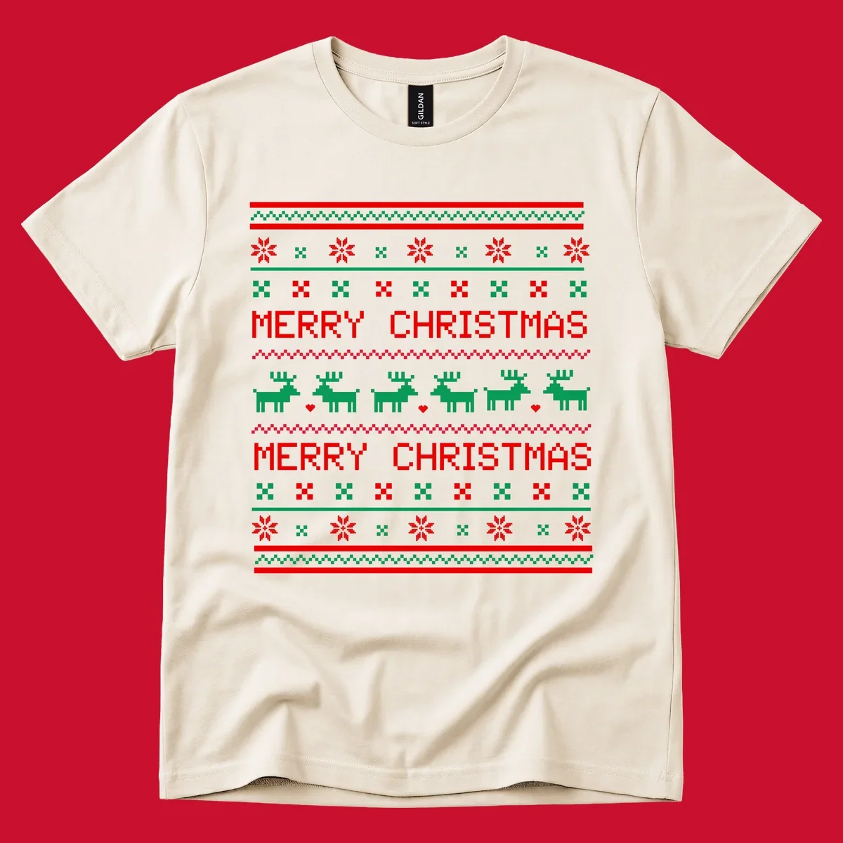 Ugly Christmas reindeer pattern with Merry Christmas text.