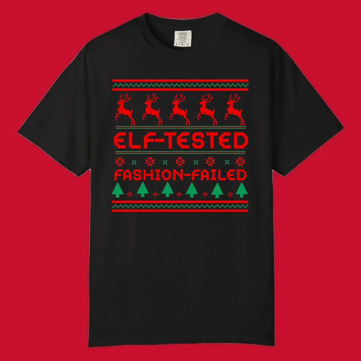 Elf-tested fashion-failed ugly christmas design with reindeer and trees.