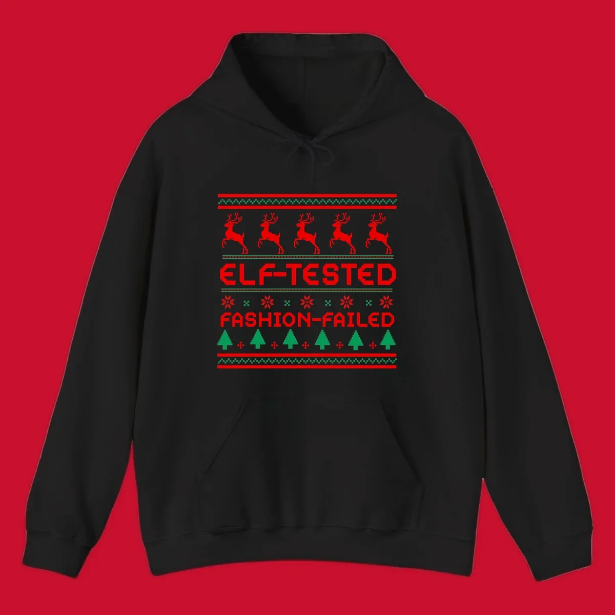 Elf-tested fashion-failed ugly christmas design with reindeer and trees.