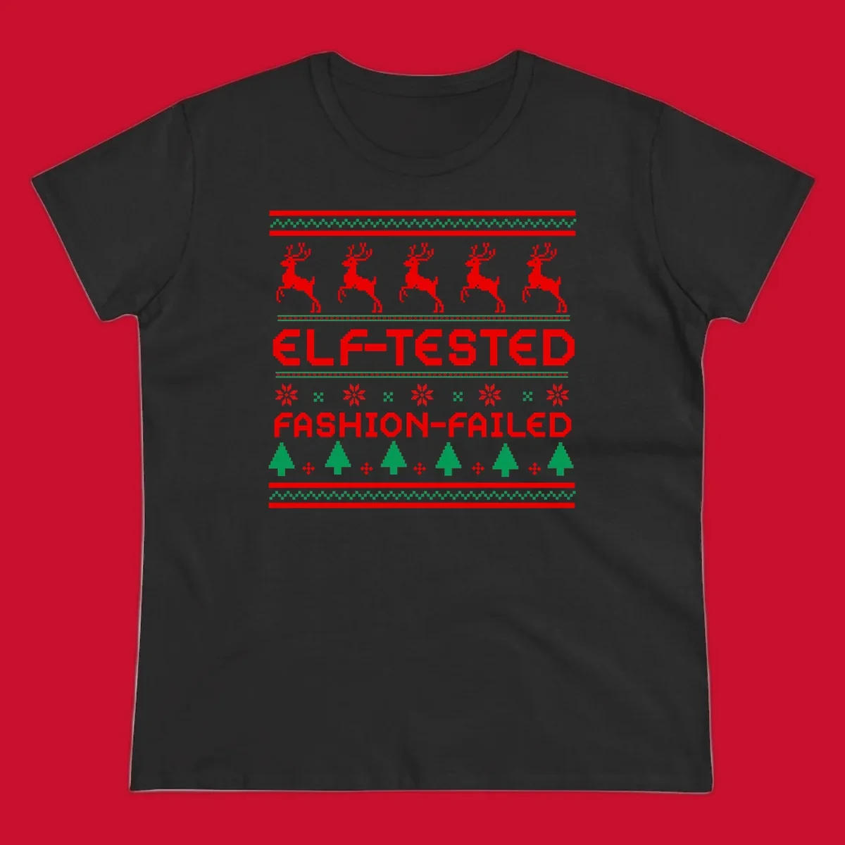Elf-tested fashion-failed ugly christmas design with reindeer and trees.