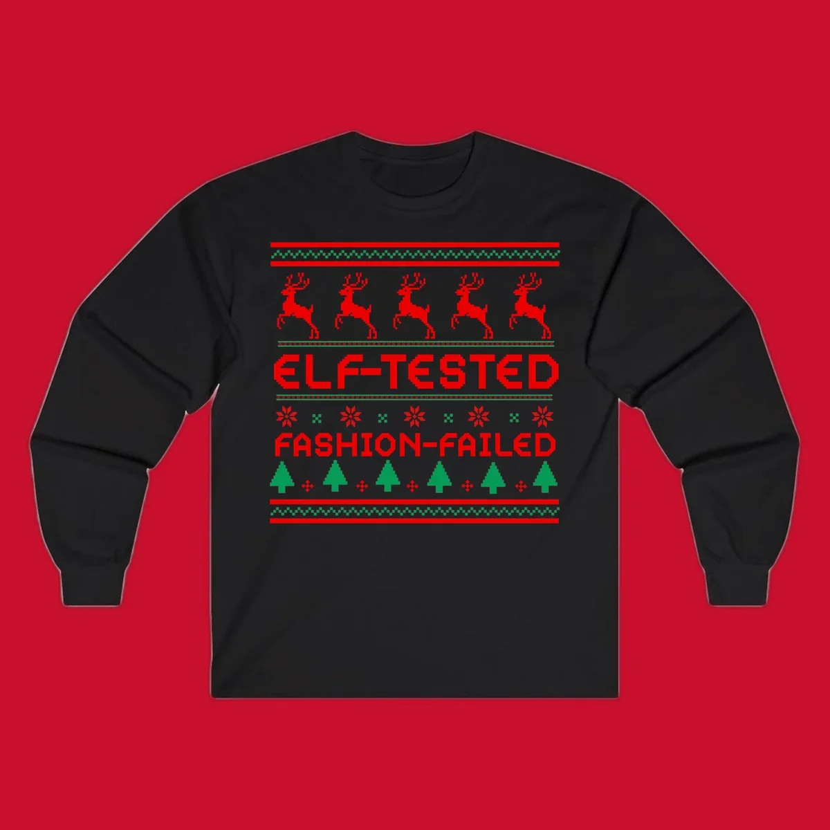 Elf-tested fashion-failed ugly christmas design with reindeer and trees.