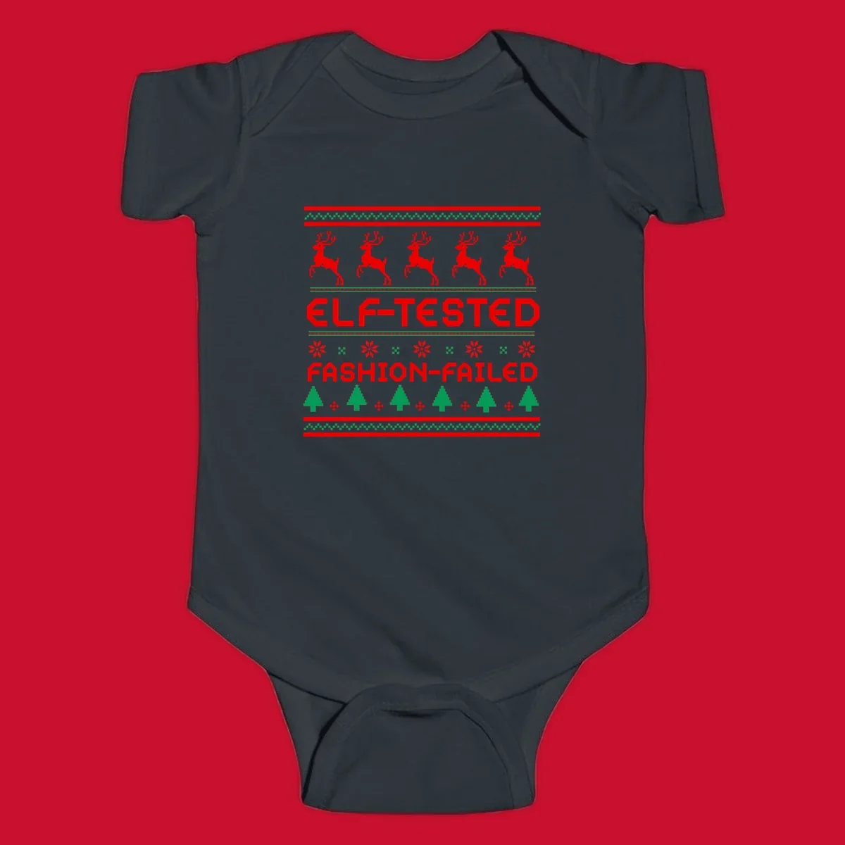 Elf-tested fashion-failed ugly christmas design with reindeer and trees.