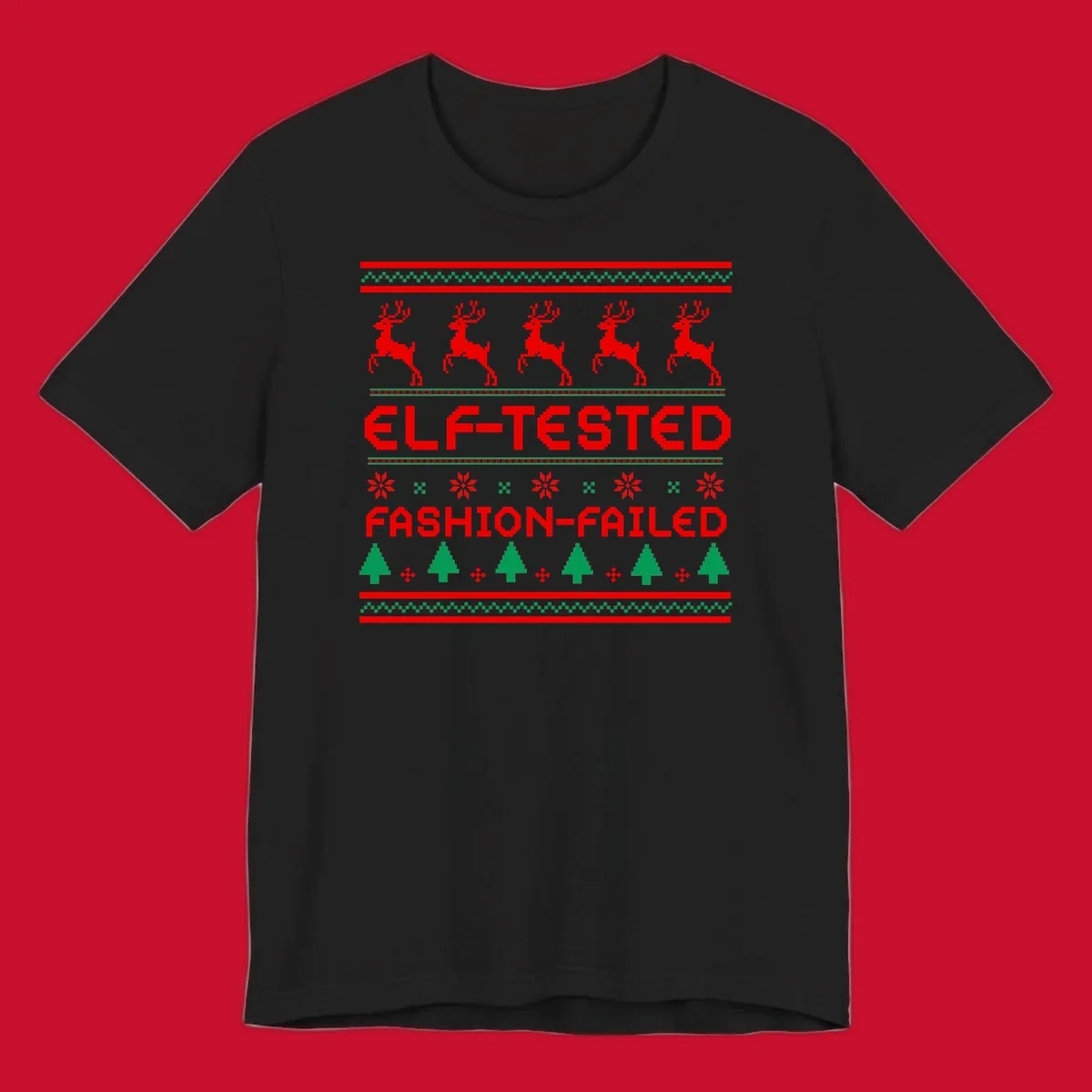 Elf-tested fashion-failed ugly christmas design with reindeer and trees.